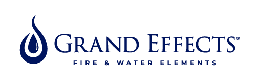 Grand Effects logo featuring a blue water droplet icon and the text “Grand Effects Fire & Water Elements” in blue font on a light background, representing excellence in pool equipment installation.