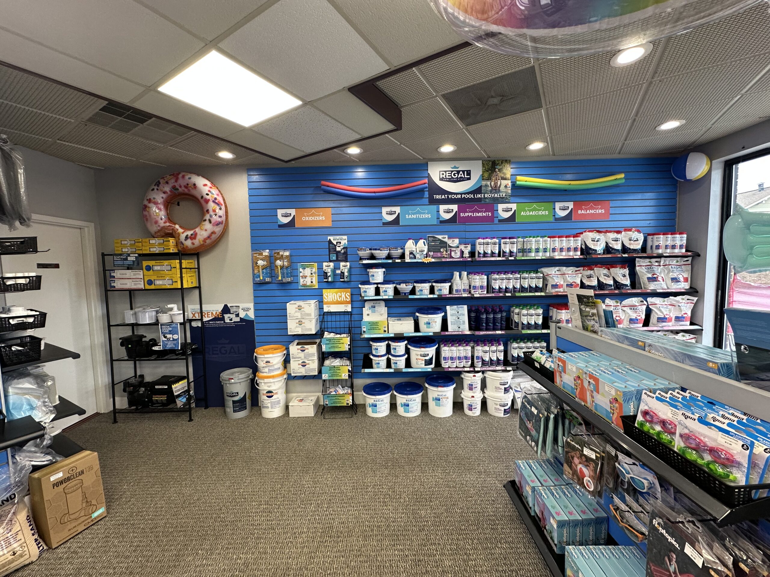 A retail pool supply store display features pool chemicals, maintenance supplies, and accessories neatly arranged on blue wall shelves and racks.